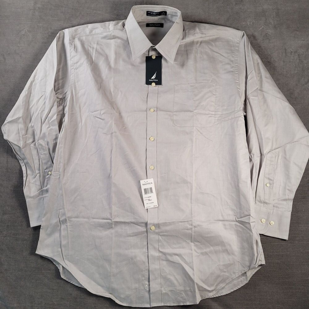 Nautica Long Sleeve Button Up Shirt Beige‎ Mens Size 17 34/35 New